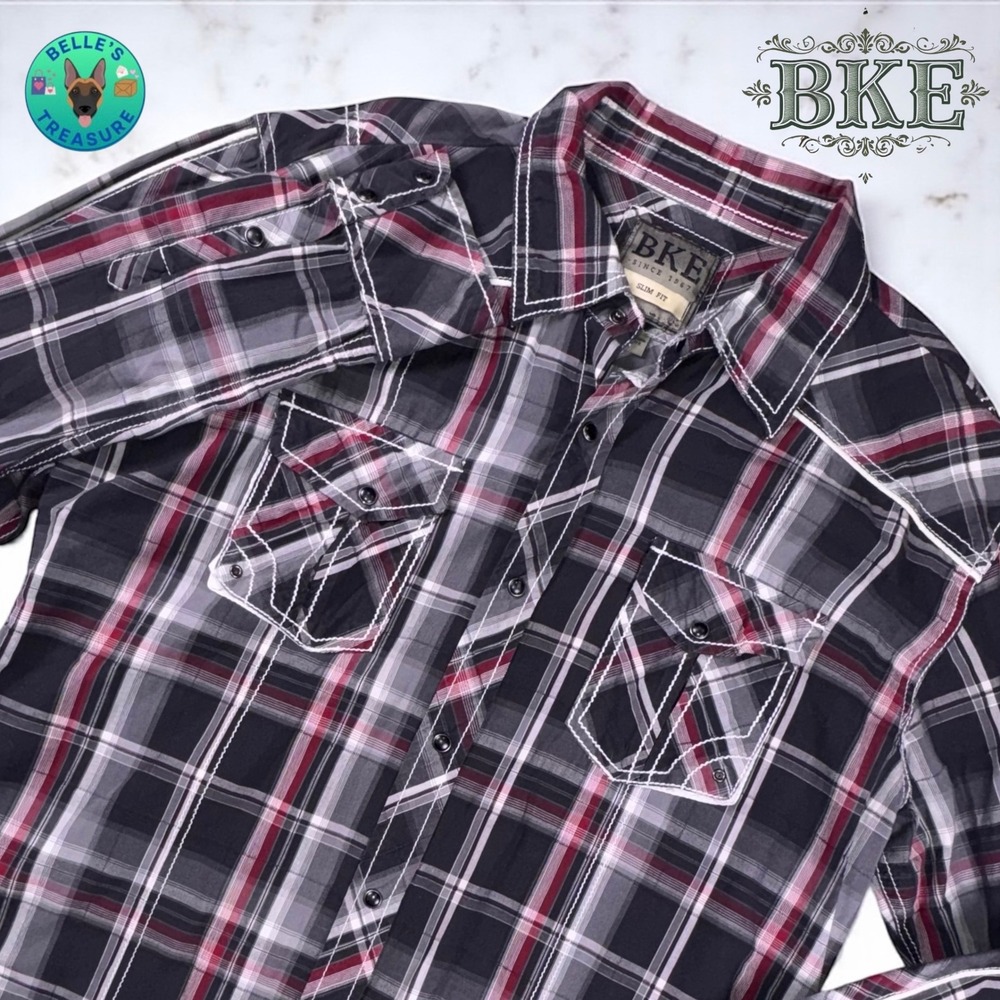 BKE Shirt Mens XL Slim Fit Plaid Western Pearl Snap Button Up Long Sleeve Cowboy